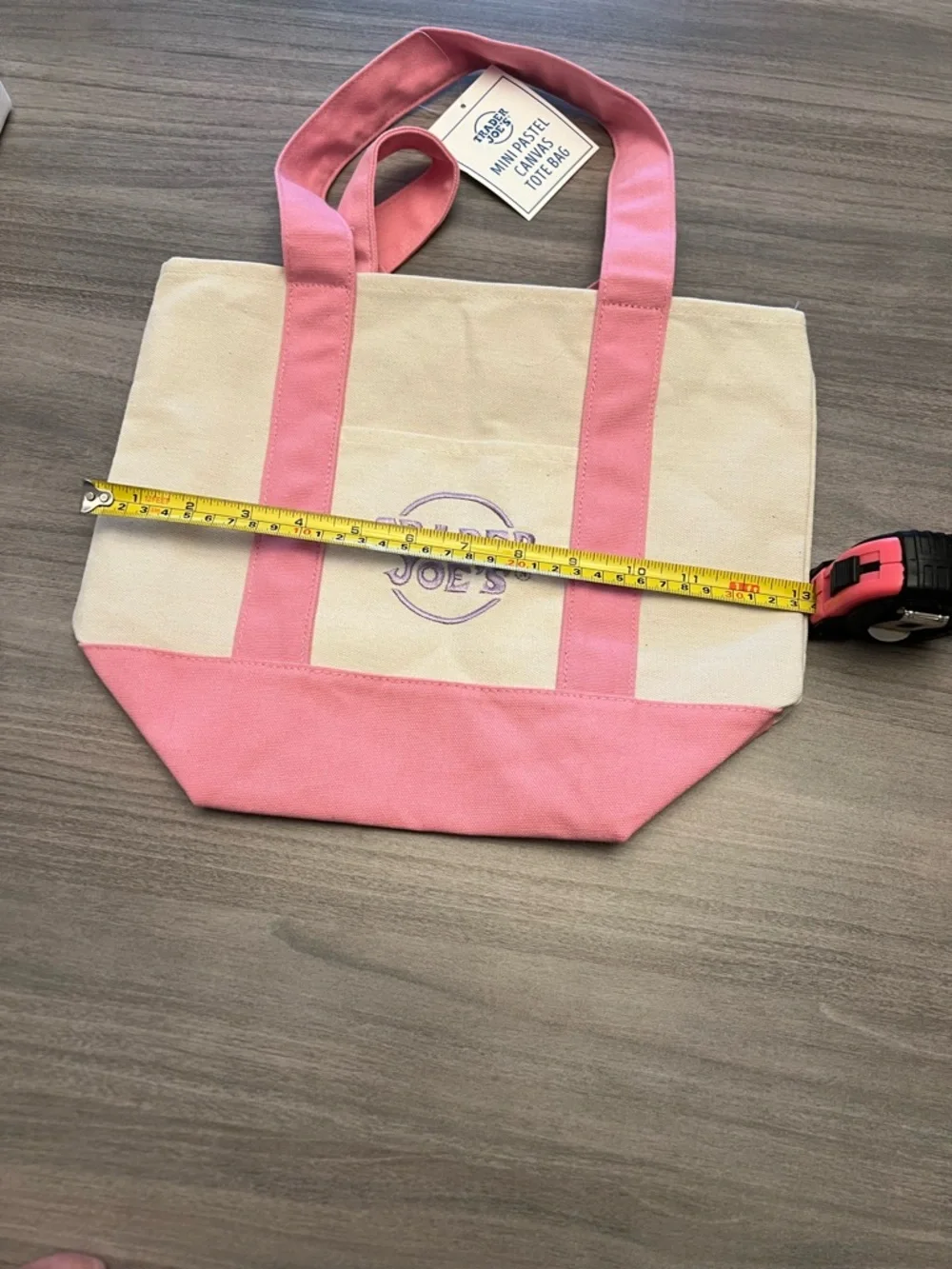 Trader Joe's Mini Pastel Pink & Cream Canvas Tote Bag With Purple Logo - Picture 6 of 7